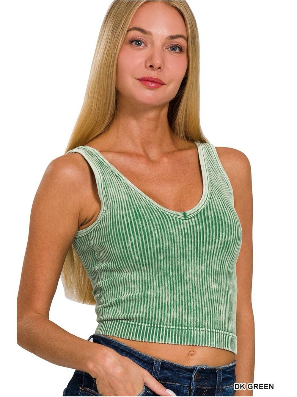 Zenana‎ Outfitters DK Green Ribbed V-Neck Crop Tank
